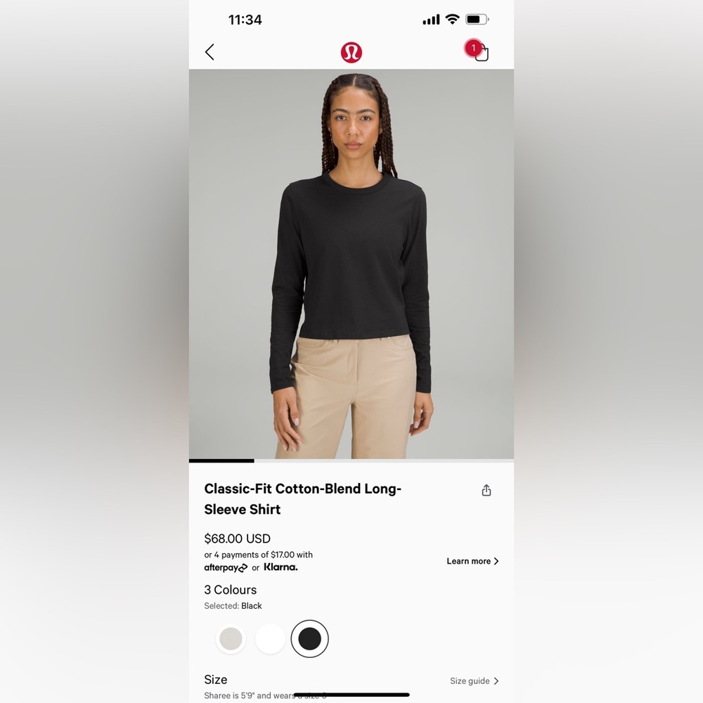 Lulu Lemon classic fit cotton blend long sleeve shirt Black Size 4